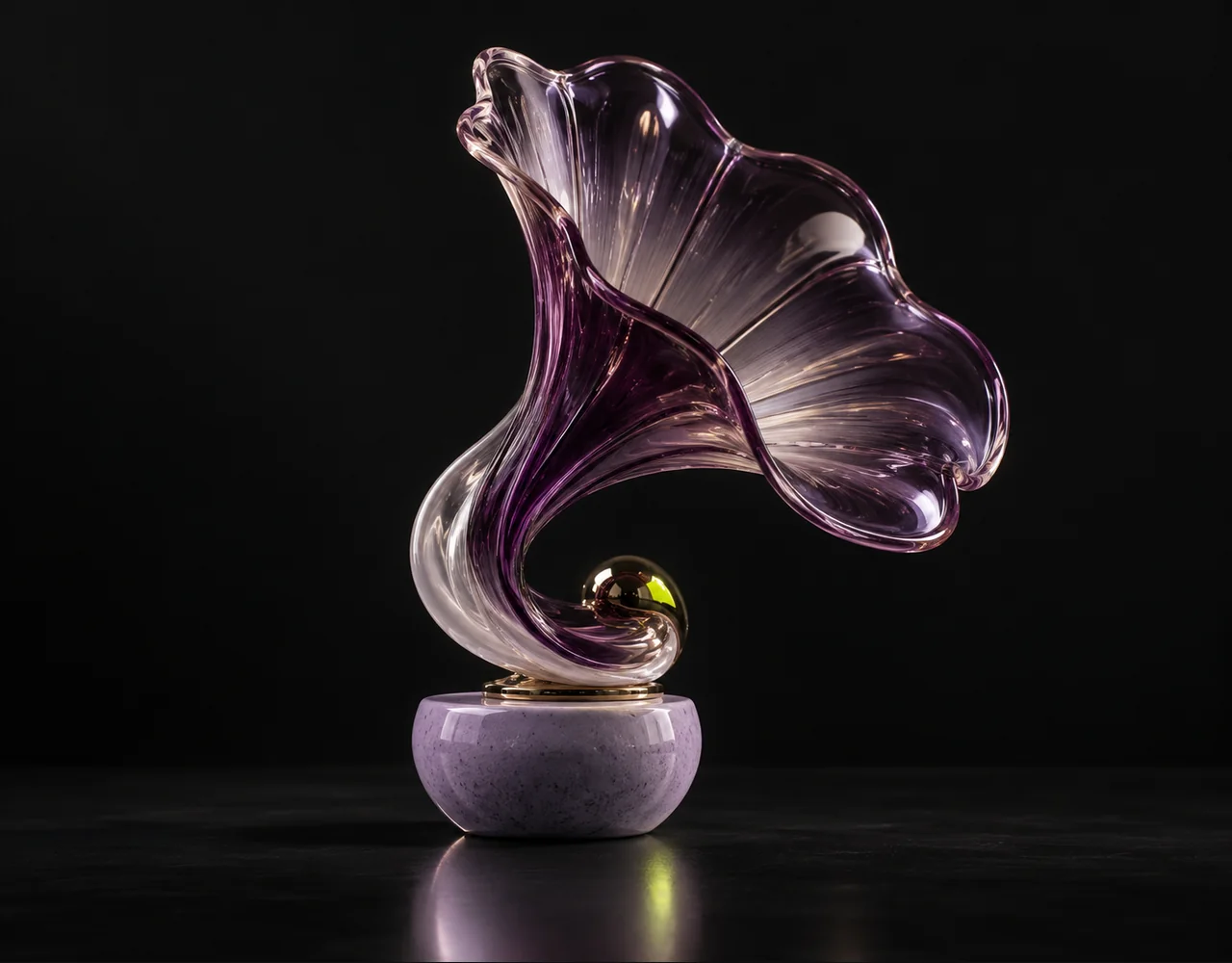 Mureka 7.5 editorial cover: a sculptural acoustic horn with a flowing rhythmic glass contour, balanced on a small contrasting ceramic plinth
