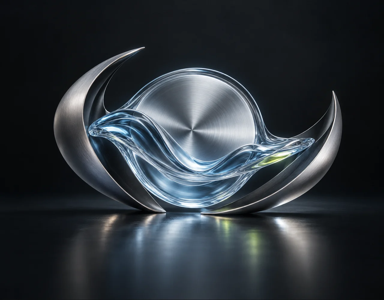 Mureka 7.6 editorial cover: a silver diaphragm with a glass wave with a flowing rhythmic glass contour, embraced by two quiet curved metallic fins