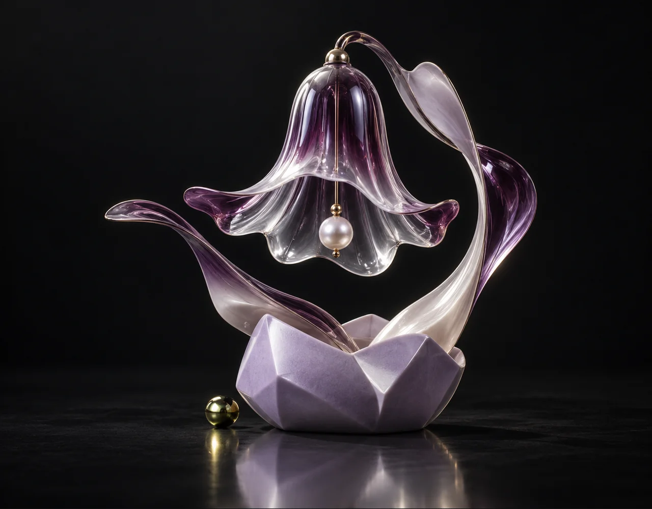 Mureka 8 editorial cover: a sculptural bell with a flowing rhythmic glass contour, arising from a low geometric vessel