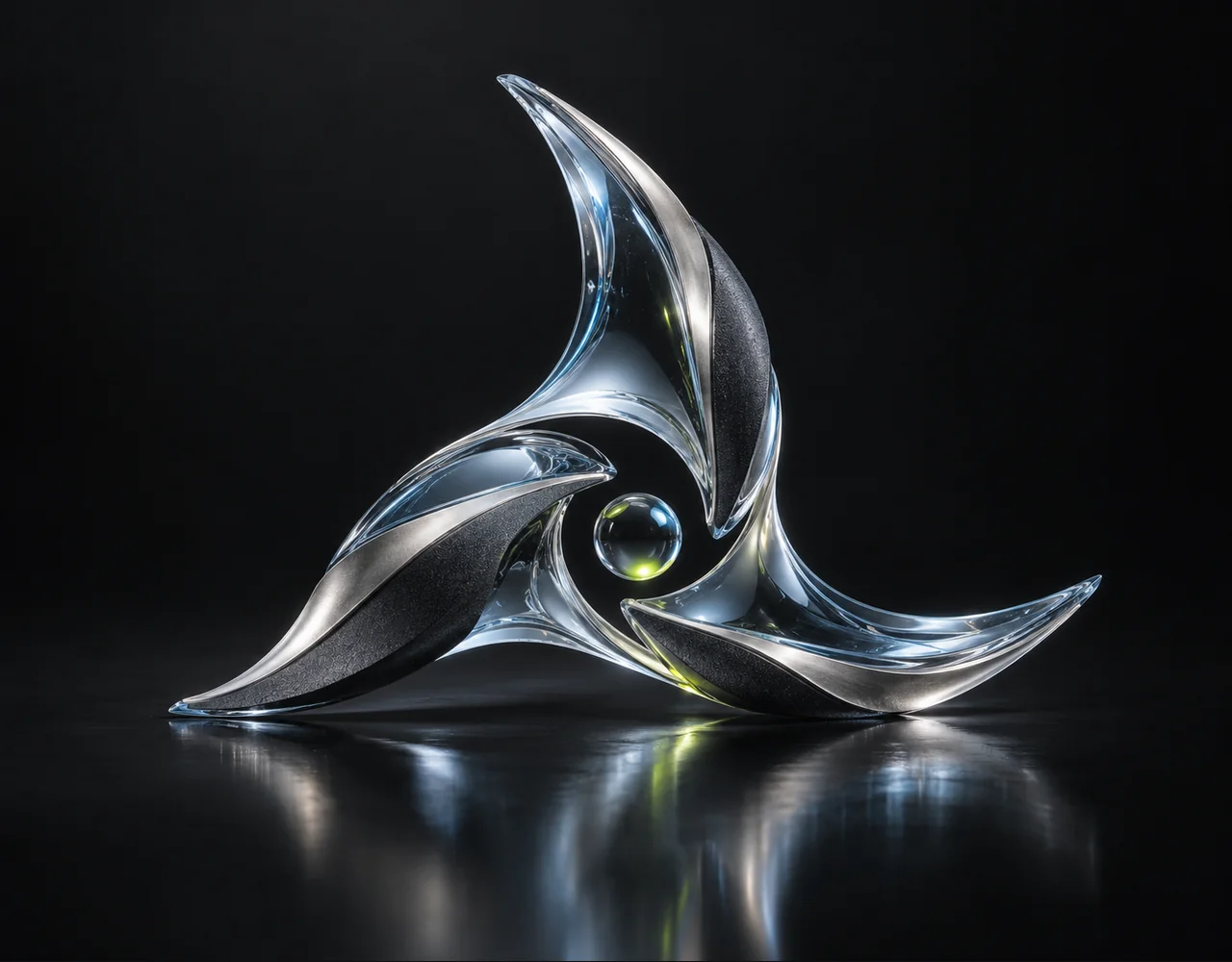 Mureka 9.5 editorial cover: a three curved tuning fins with a flowing rhythmic glass contour, centred beside one small optical droplet