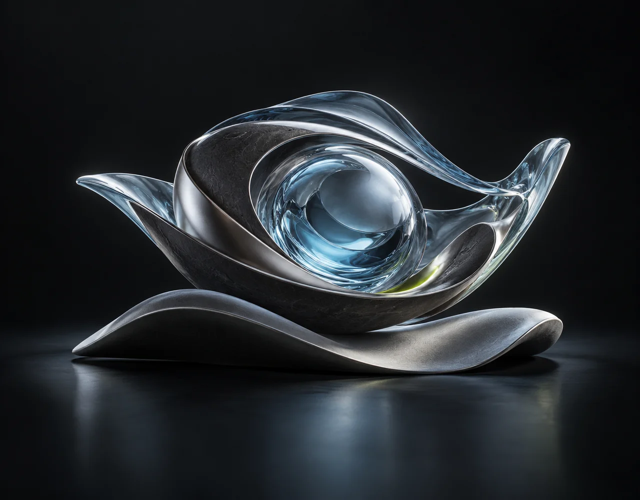 Mureka O2 editorial cover: a nested acoustic shell with a flowing rhythmic glass contour, resting above one soft sculptural ripple