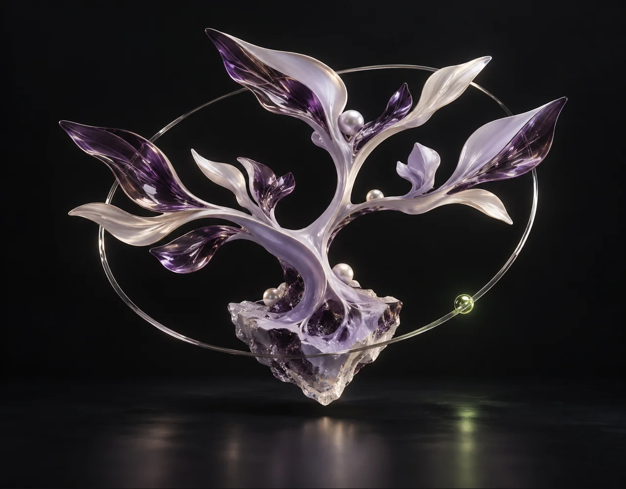 Nemotron 3 Nano Omni editorial cover: a branching geometric tree, floating within a thin offset optical ring