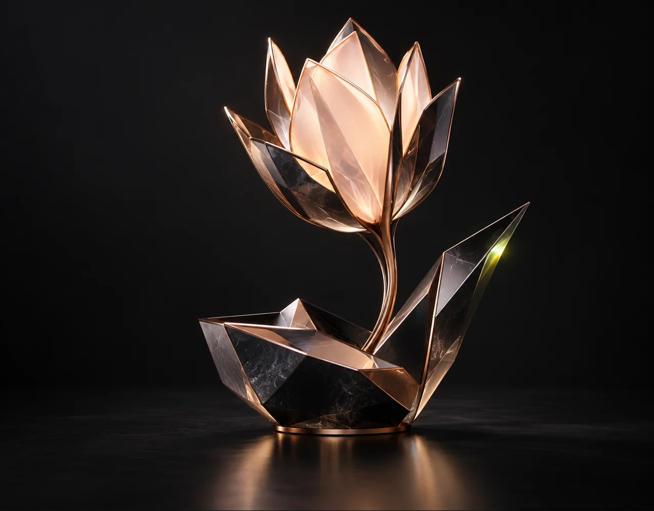 Neta Lumina editorial cover: a tactile geometric tulip, arising from a low geometric vessel