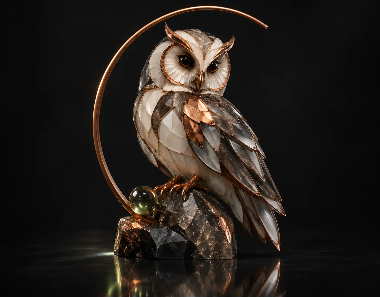 Nucleus Image editorial cover: a tactile faceted owl, framed by one incomplete slender arch