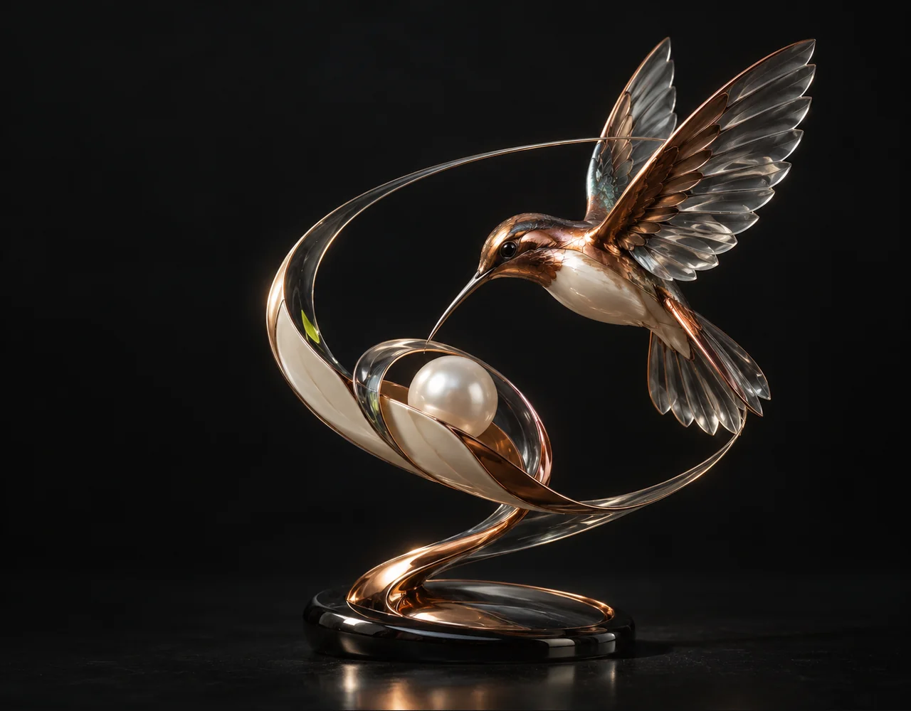 Open Video editorial cover: a swift hummingbird following one continuous elegant motion curve, curving around a small pearl core