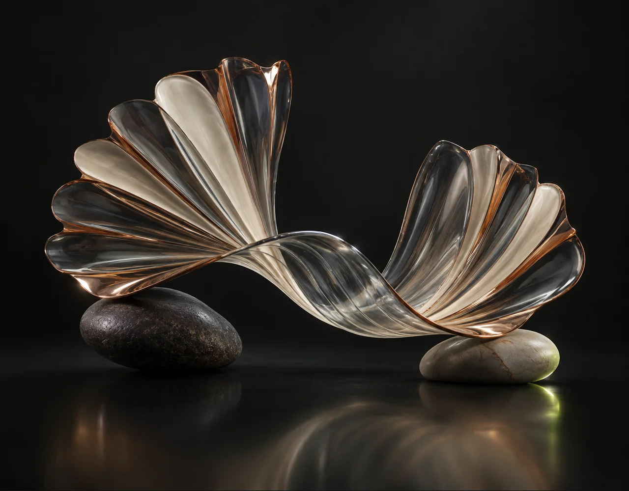 Openai Whisper editorial cover: a a layered folded sound fan exchanging one continuous glass sound contour, balanced over two low contrasting pebbles