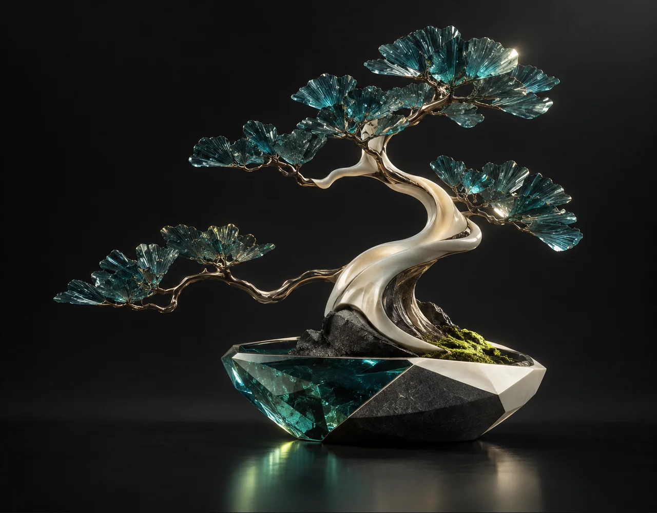 Patina editorial cover: a tactile sculptural bonsai, arising from a low geometric vessel