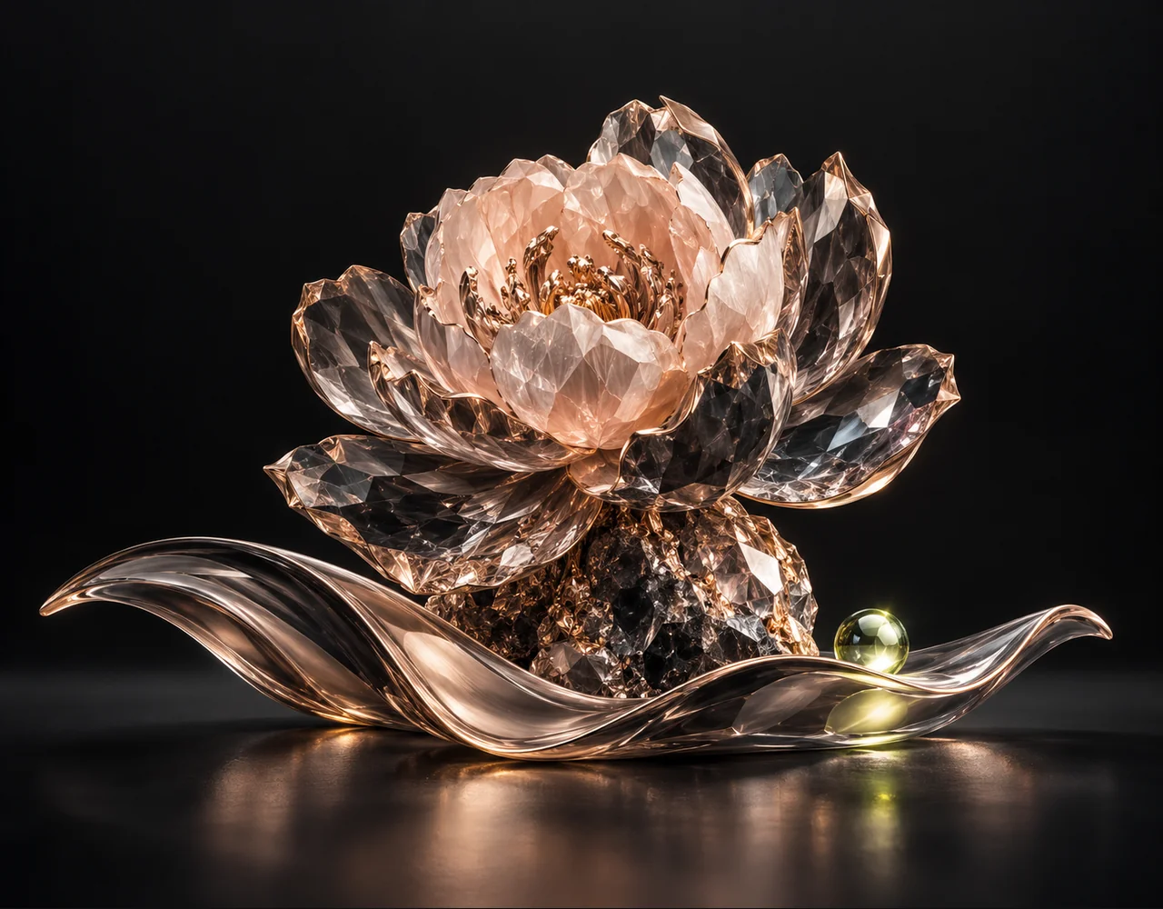 Pro Upscaler editorial cover: a finely faceted crystal whose coarse base becomes a crisp detailed sculptural peony, resting above one soft sculptural ripple