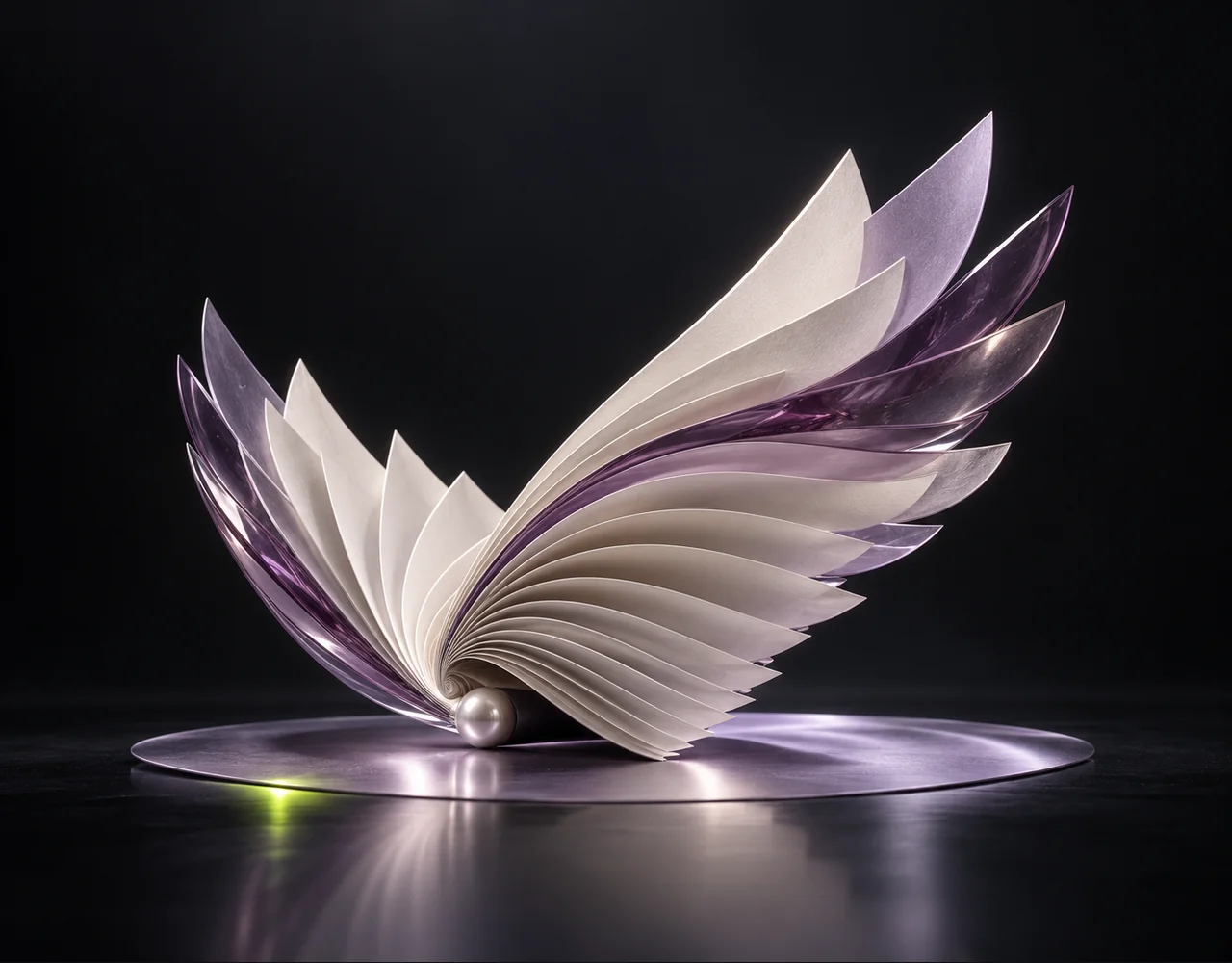 Prompt Optimizer editorial cover: a blank pages fanned into a wing, suspended over a single flat satin plane