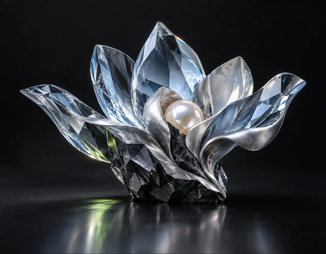 Real ESRGAN editorial cover: a finely faceted crystal whose coarse base becomes a crisp detailed folded magnolia, curving around a small pearl core