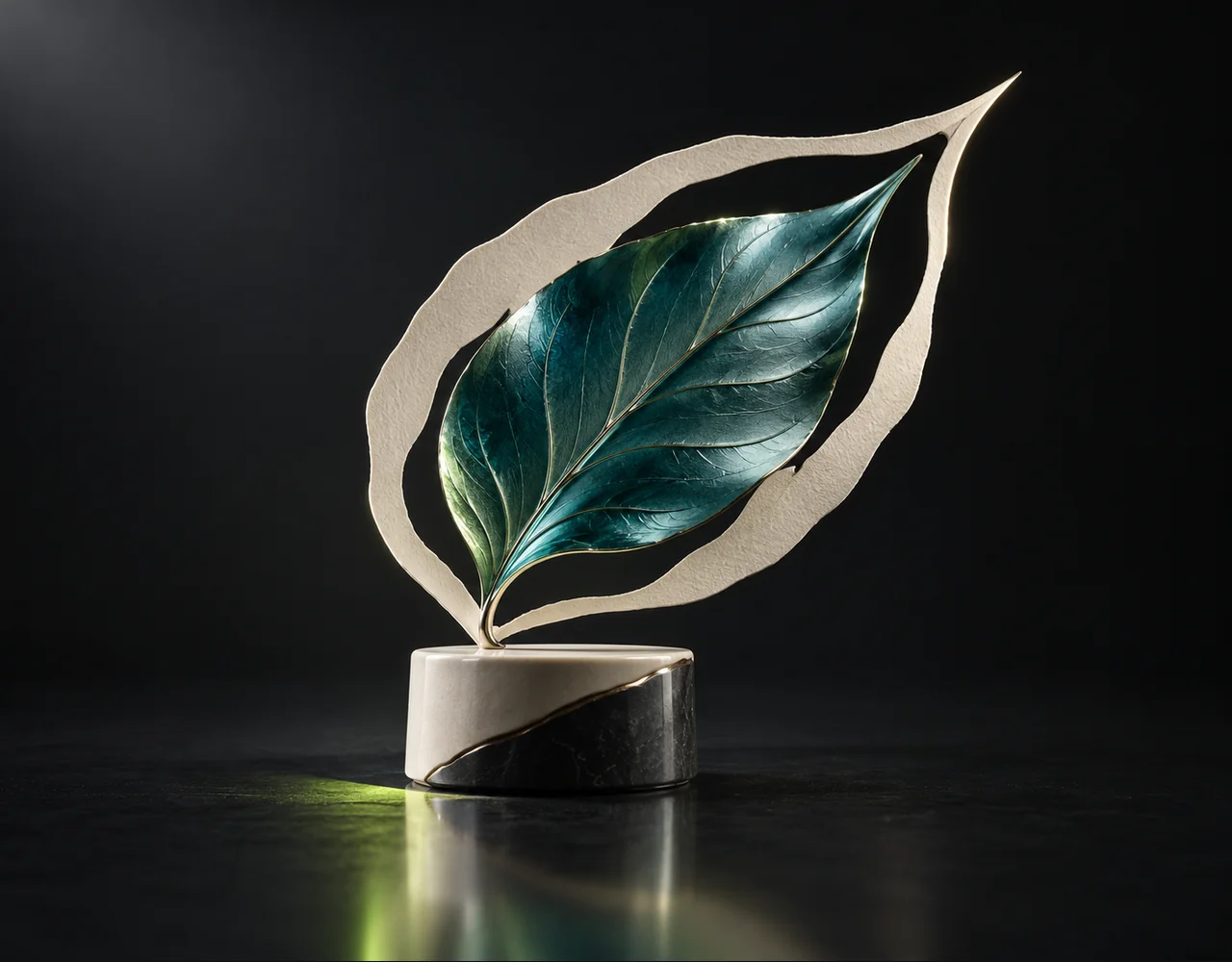 Remove Background editorial cover: a precise sculptural leaf separated from a thin surrounding paper silhouette, balanced on a small contrasting ceramic plinth