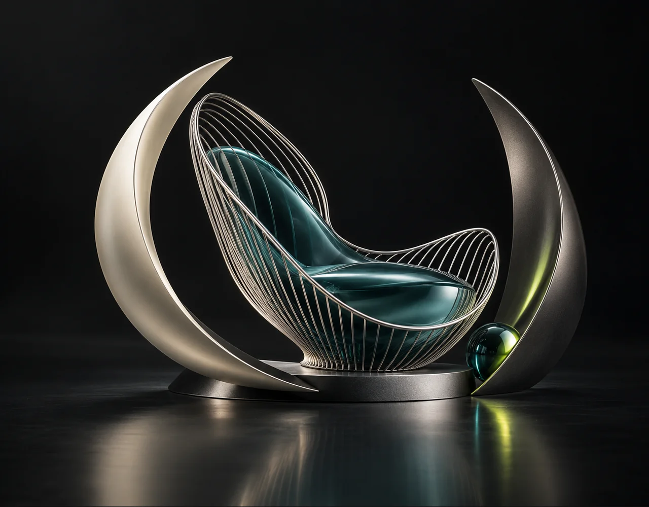 SAM 3 Image editorial cover: a restrained geometric sculpture with a fine silver contour cage tracing a curved modern chair, embraced by two quiet curved metallic fins