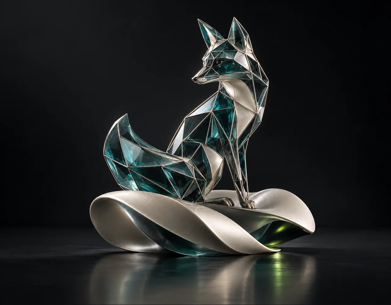 SAM 3 Image Rle editorial cover: a restrained geometric sculpture with a fine silver contour cage tracing a faceted fox, resting above one soft sculptural ripple