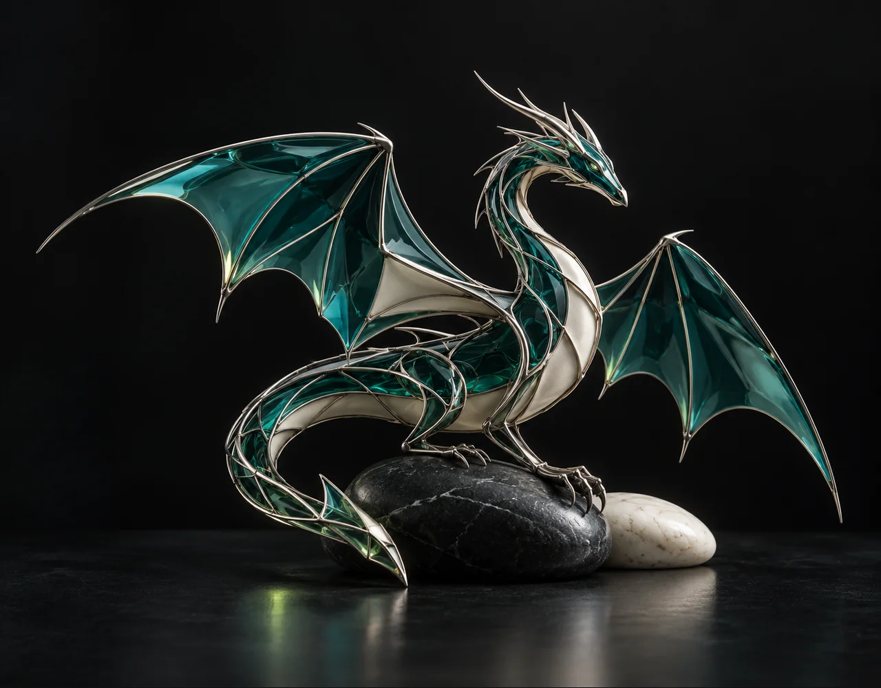 SAM 3 Video Rle editorial cover: a restrained geometric sculpture with a fine silver contour cage tracing a folded sculptural dragon, balanced over two low contrasting pebbles