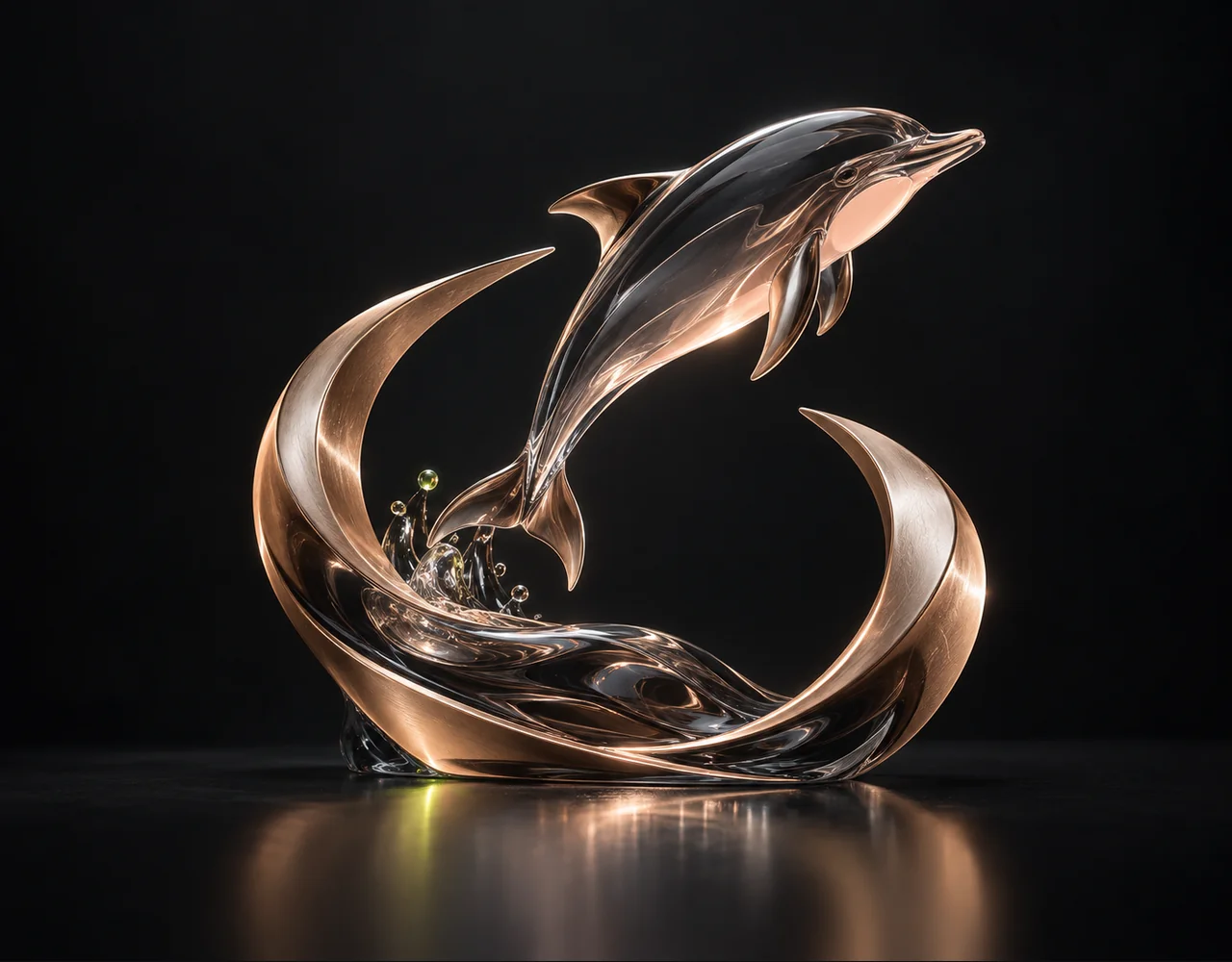 Scail editorial cover: a leaping dolphin following one continuous elegant motion curve, embraced by two quiet curved metallic fins
