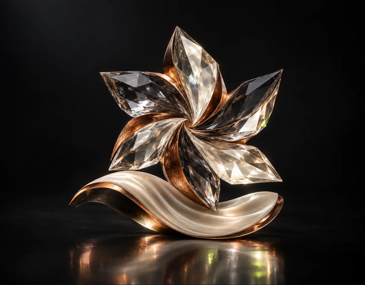 SeedVR2 editorial cover: a finely faceted crystal whose coarse base becomes a crisp detailed satin pinwheel, resting above one soft sculptural ripple