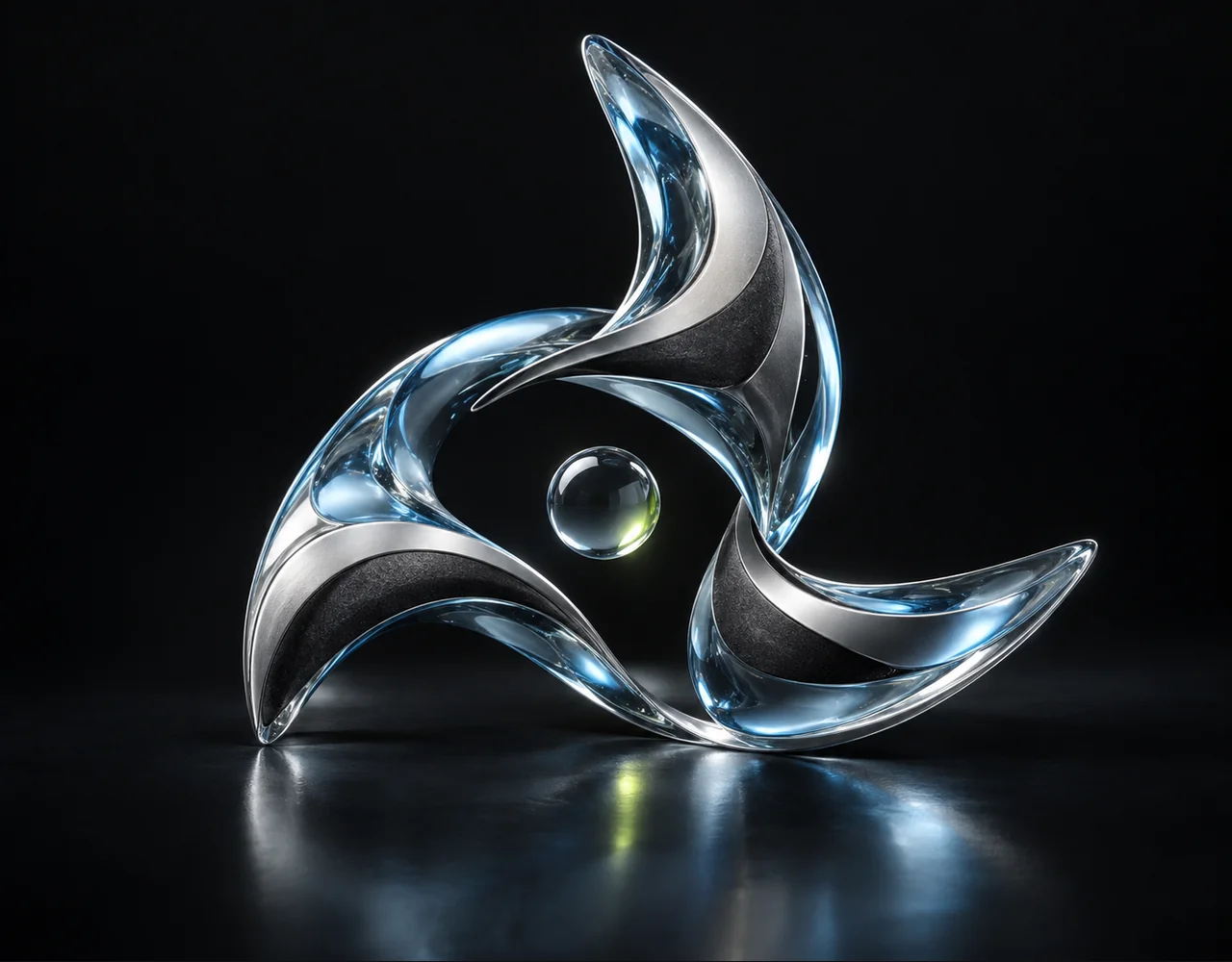Song Generation editorial cover: a three curved tuning fins with a flowing rhythmic glass contour, centred beside one small optical droplet