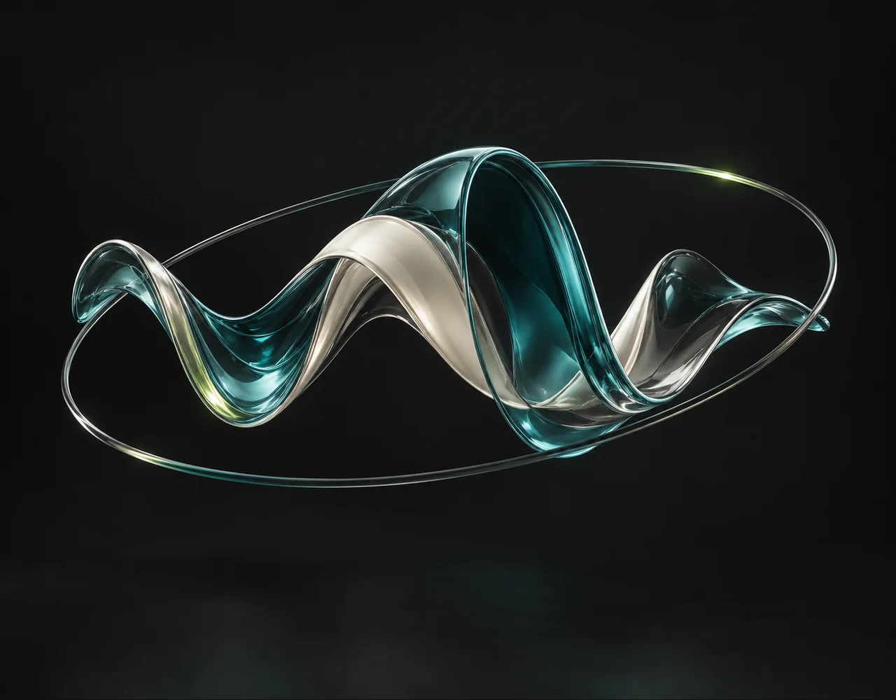 Speech To Speech editorial cover: a floating sound ribbon exchanging one continuous glass sound contour, floating within a thin offset optical ring