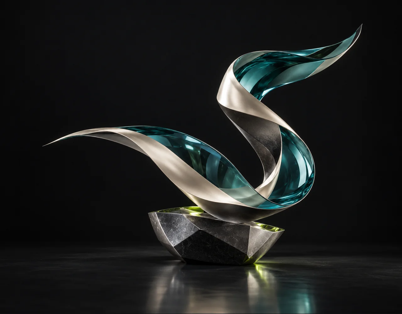 Steady Dancer editorial cover: a folded cinematic ribbon following one continuous elegant motion curve, arising from a low geometric vessel