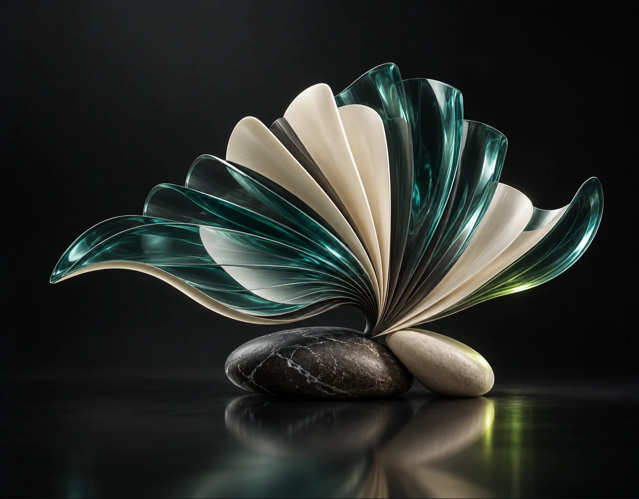 Stem Song editorial cover: a a layered folded sound fan with a flowing rhythmic glass contour, balanced over two low contrasting pebbles