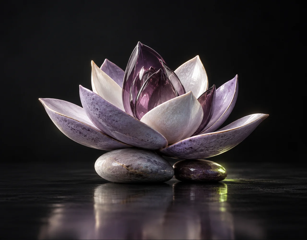 Step1x editorial cover: a tactile folded lotus, balanced over two low contrasting pebbles