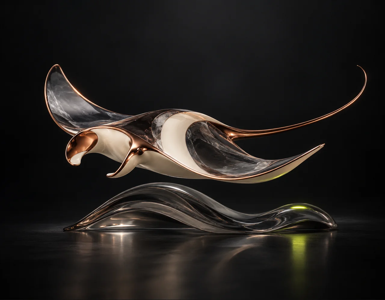 Subtitles editorial cover: a flowing manta ray following one continuous elegant motion curve, resting above one soft sculptural ripple