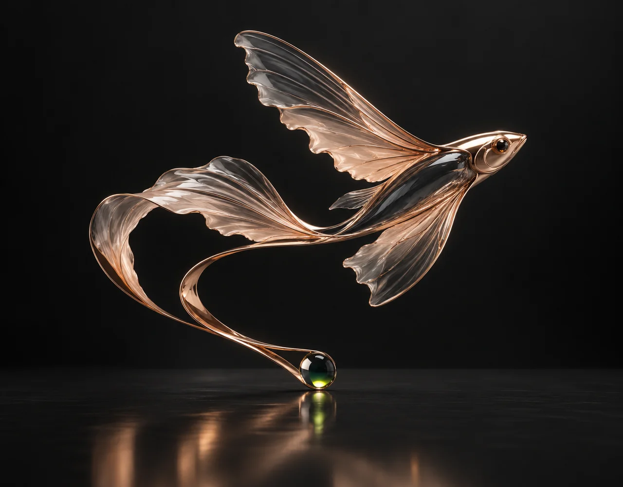 Tiktok Video Generator editorial cover: a sculptural flying fish following one continuous elegant motion curve, suspended over a single flat satin plane