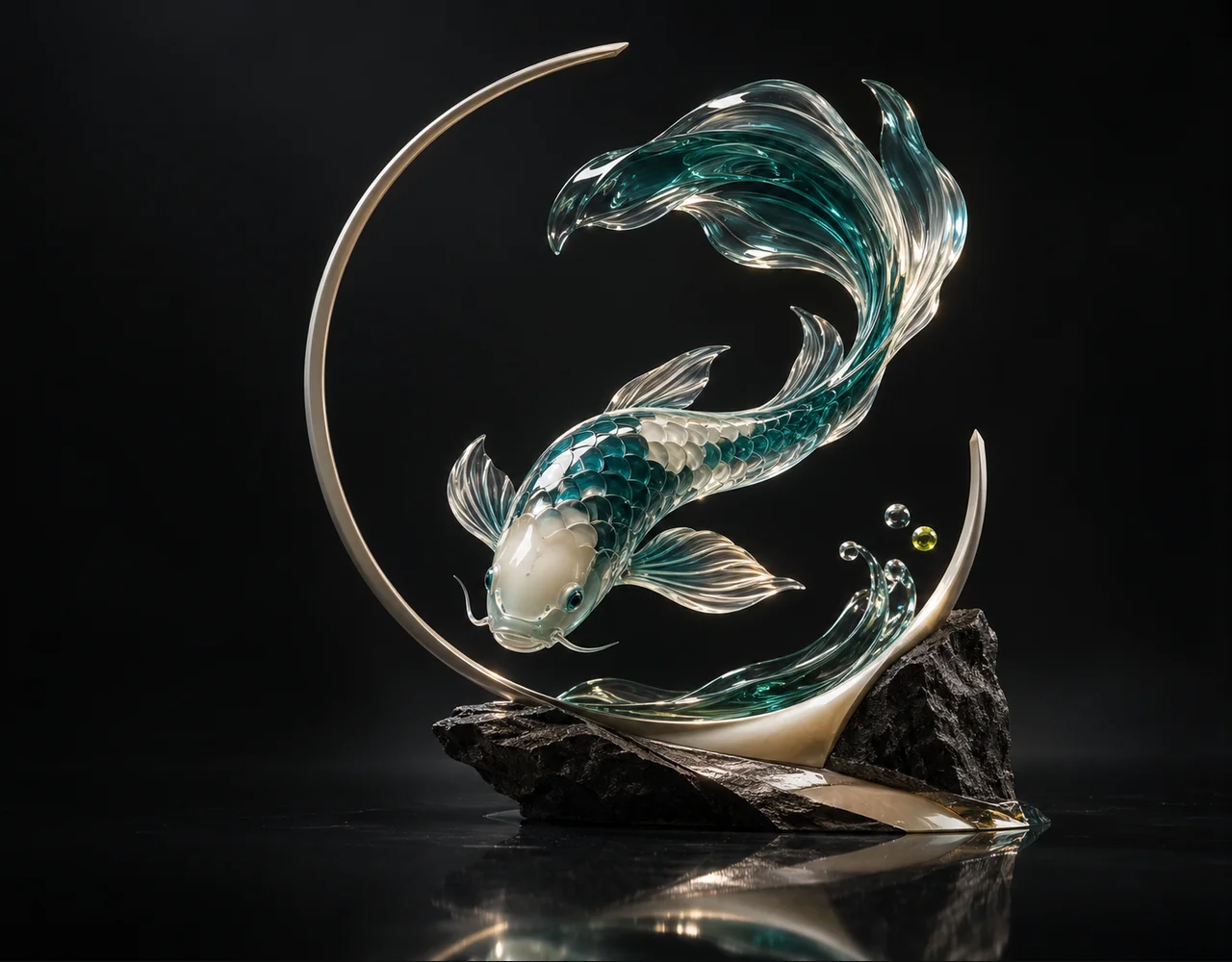 Ugc Video Generator editorial cover: a glass koi following one continuous elegant motion curve, framed by one incomplete slender arch