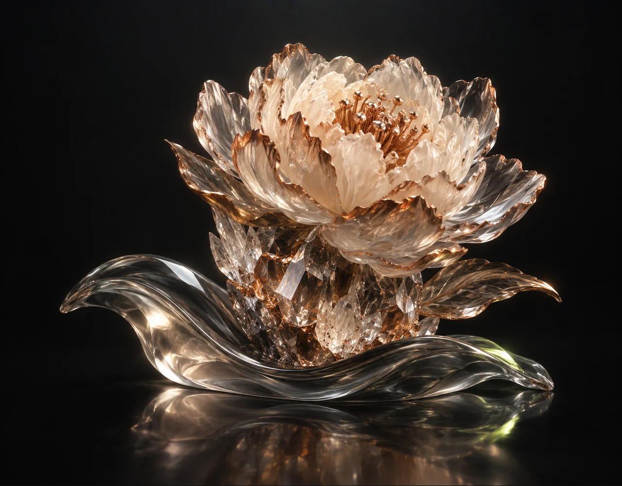 Ultimate Image Upscaler editorial cover: a finely faceted crystal whose coarse base becomes a crisp detailed sculptural peony, resting above one soft sculptural ripple