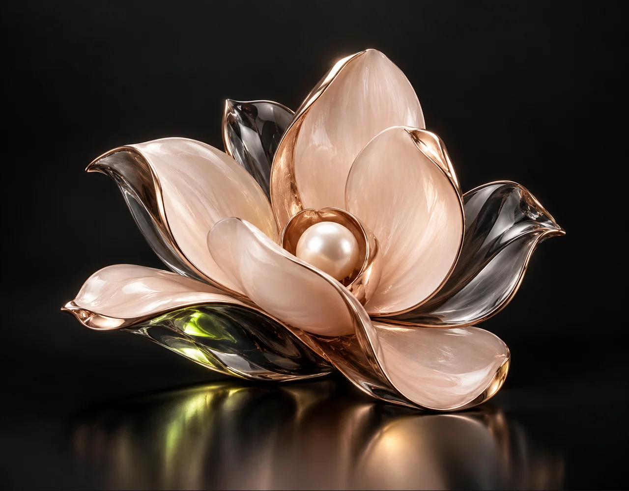 Uno editorial cover: a tactile folded magnolia, curving around a small pearl core