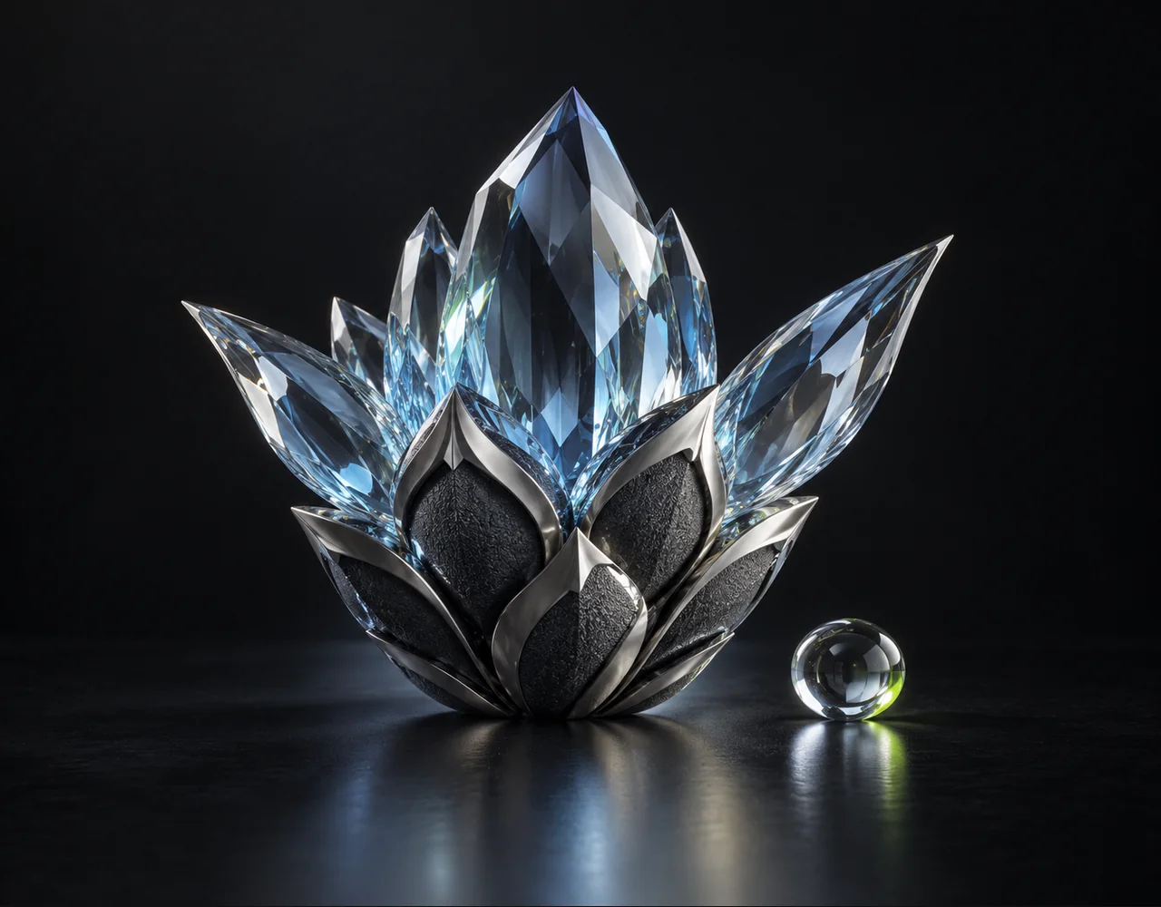 Upscale 1 editorial cover: a finely faceted crystal whose coarse base becomes a crisp detailed geometric seed pod, centred beside one small optical droplet