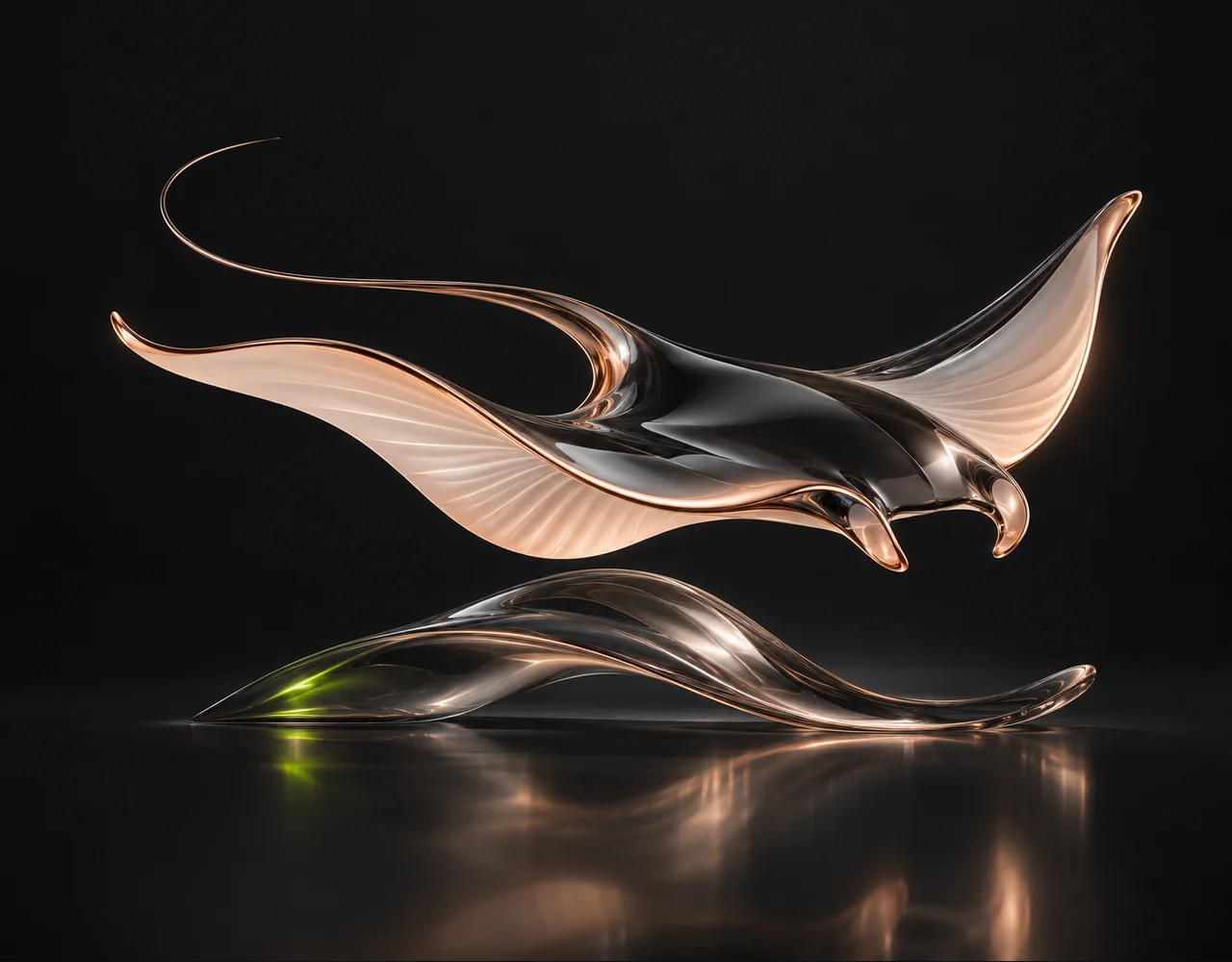 Video Colorizer editorial cover: a flowing manta ray following one continuous elegant motion curve, resting above one soft sculptural ripple