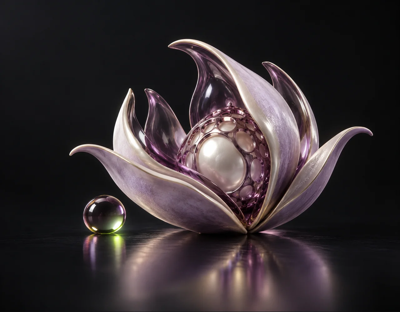 Video Outpainter editorial cover: a geometric seed pod extending elegantly beyond an incomplete inner optical frame into a larger sculptural form, centred beside one small optical droplet