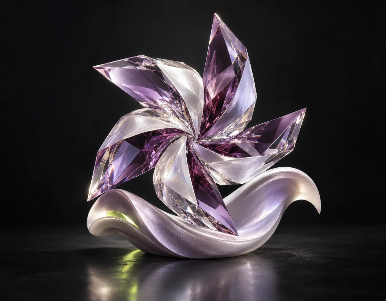 Video Upscaler editorial cover: a finely faceted crystal whose coarse base becomes a crisp detailed satin pinwheel, resting above one soft sculptural ripple