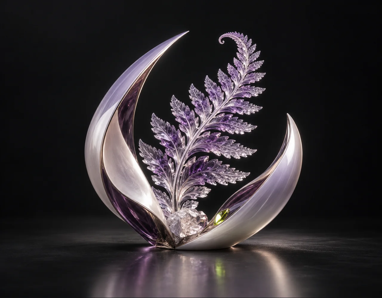 Vosr2 editorial cover: a tactile crystalline fern, embraced by two quiet curved metallic fins