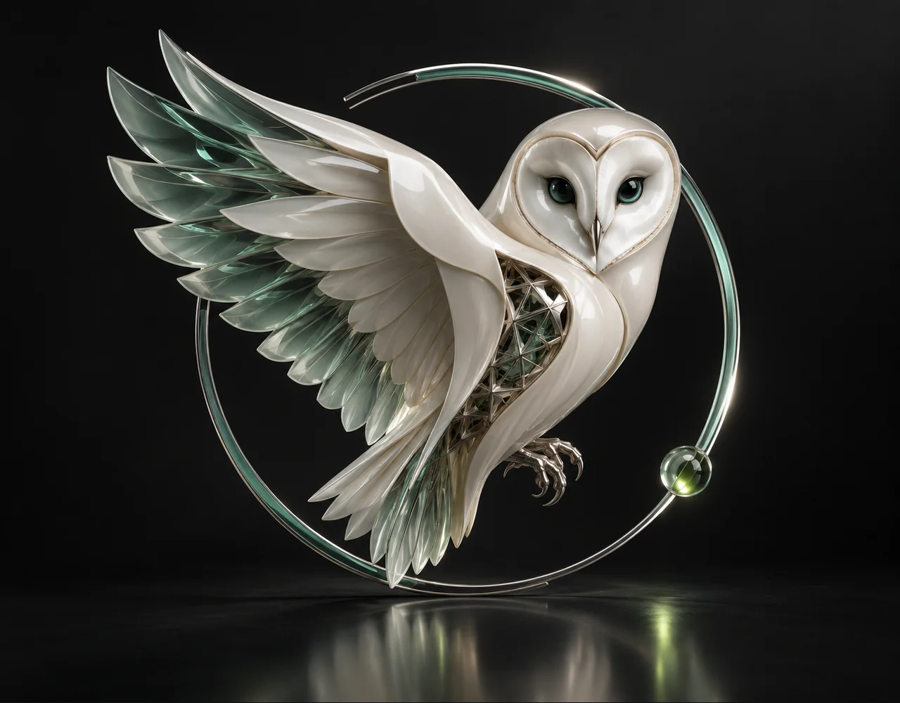 GPT 6 Astra editorial cover: a refined sculptural owl whose small open section reveals precise silver triangular topology, floating within a thin offset optical ring