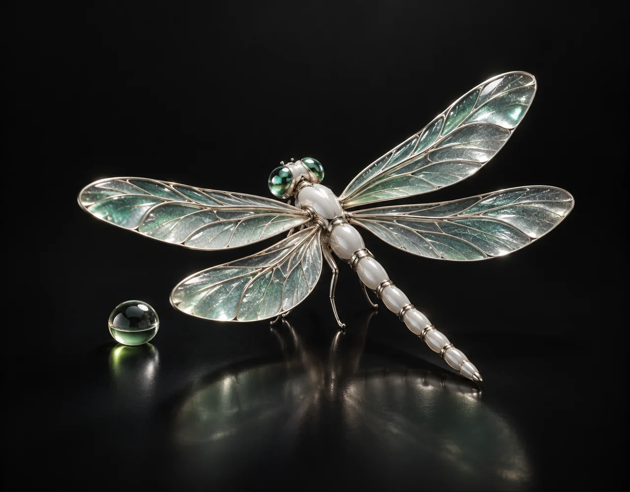 GPT Image 1.5 editorial cover: a tactile optical dragonfly, centred beside one small optical droplet