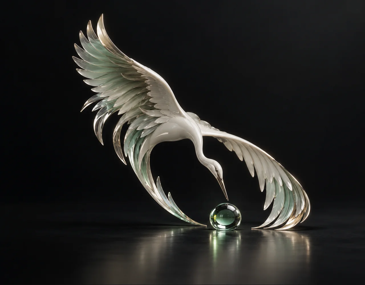Sora 2 editorial cover: a sweeping crane wing following one continuous elegant motion curve, centred beside one small optical droplet