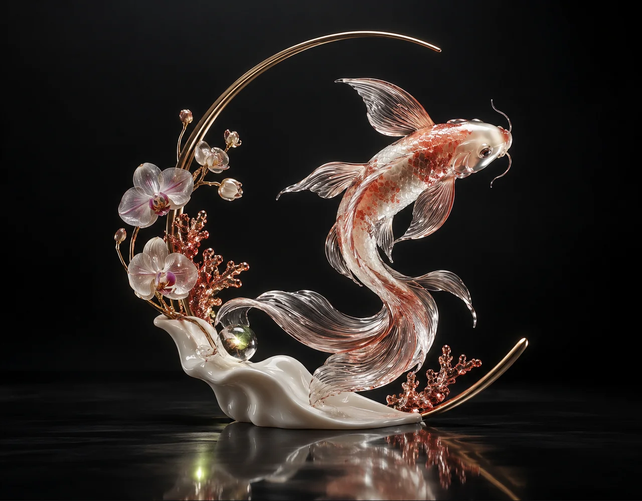Pika 2.2 editorial cover: a glass koi following one continuous elegant motion curve, framed by one incomplete slender arch