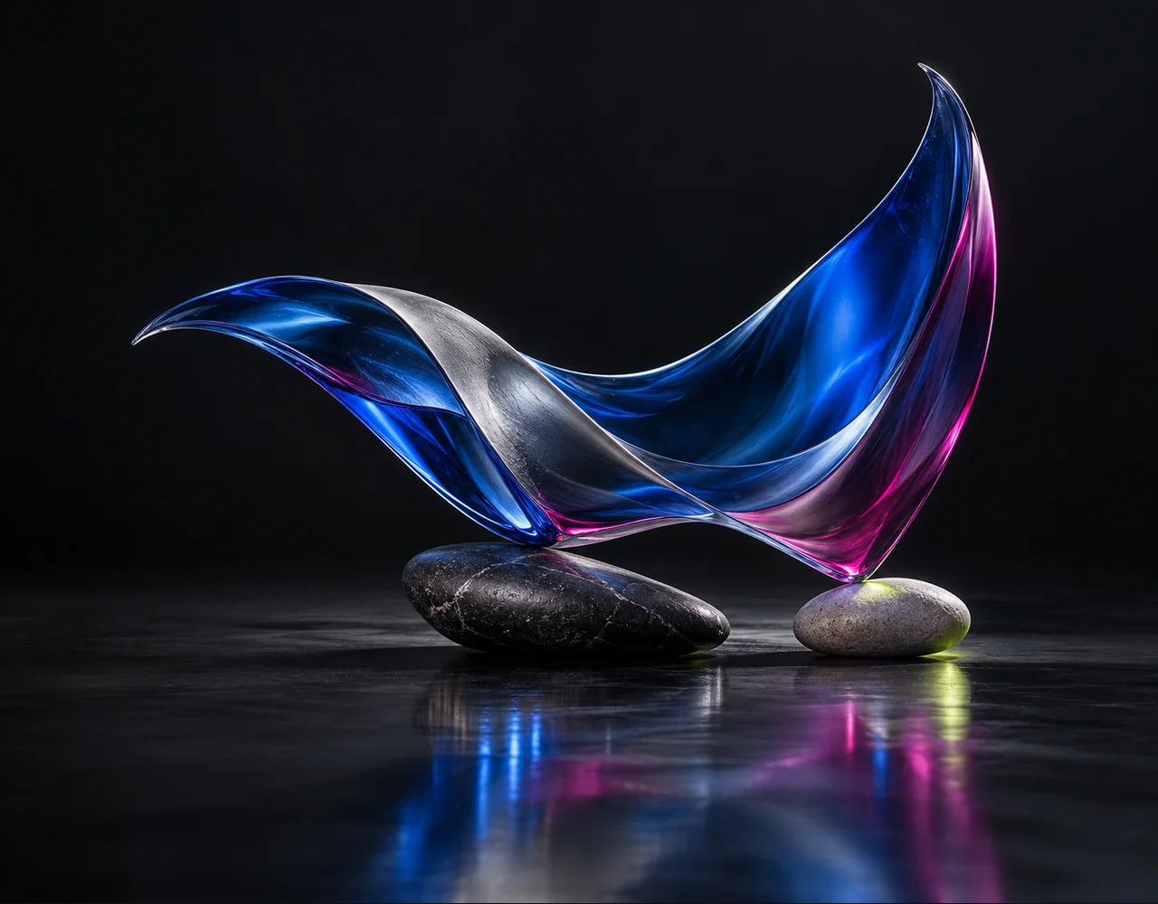 Motion Control editorial cover: a flowing sail following one continuous elegant motion curve, balanced over two low contrasting pebbles