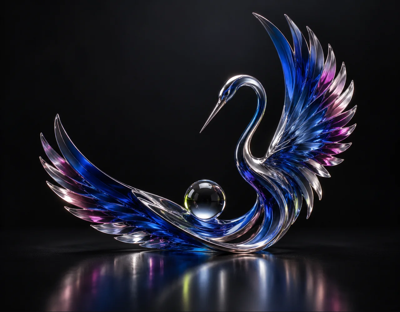 PixVerse editorial cover: a sweeping crane wing following one continuous elegant motion curve, centred beside one small optical droplet
