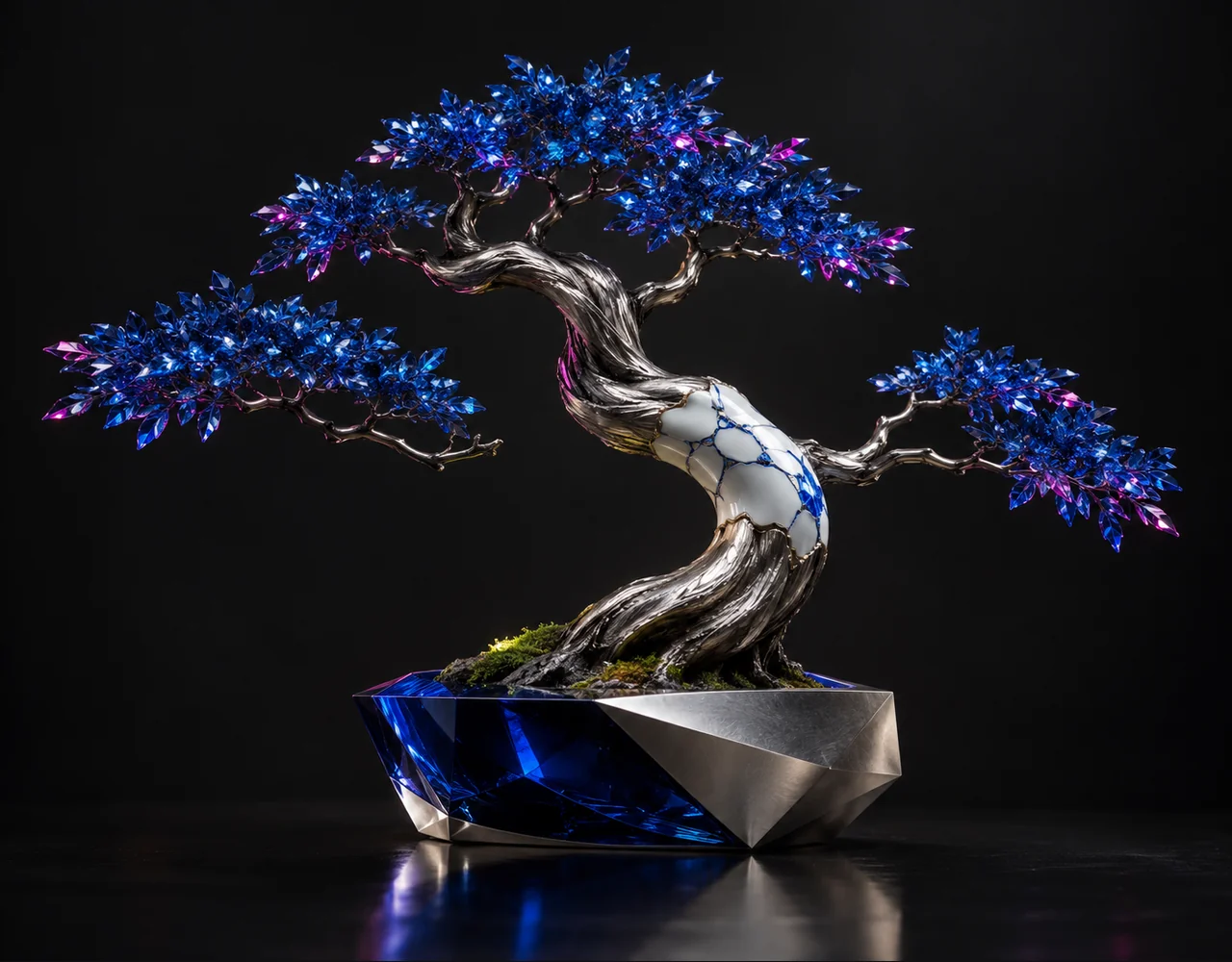 Swap editorial cover: a sculptural bonsai with one precisely fitted contrasting ceramic replacement section, arising from a low geometric vessel