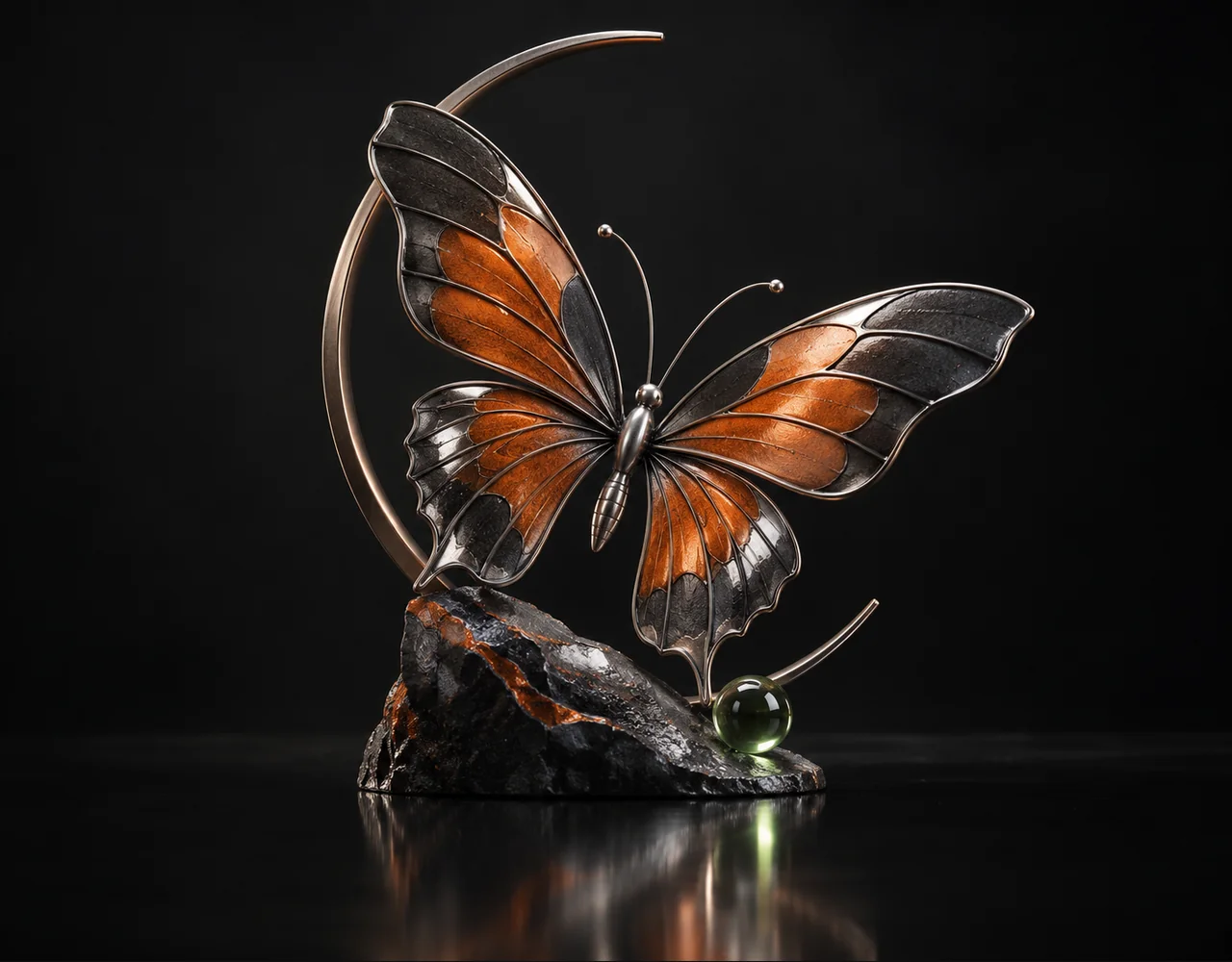 P-Image Try On editorial cover: a tactile optical butterfly, framed by one incomplete slender arch