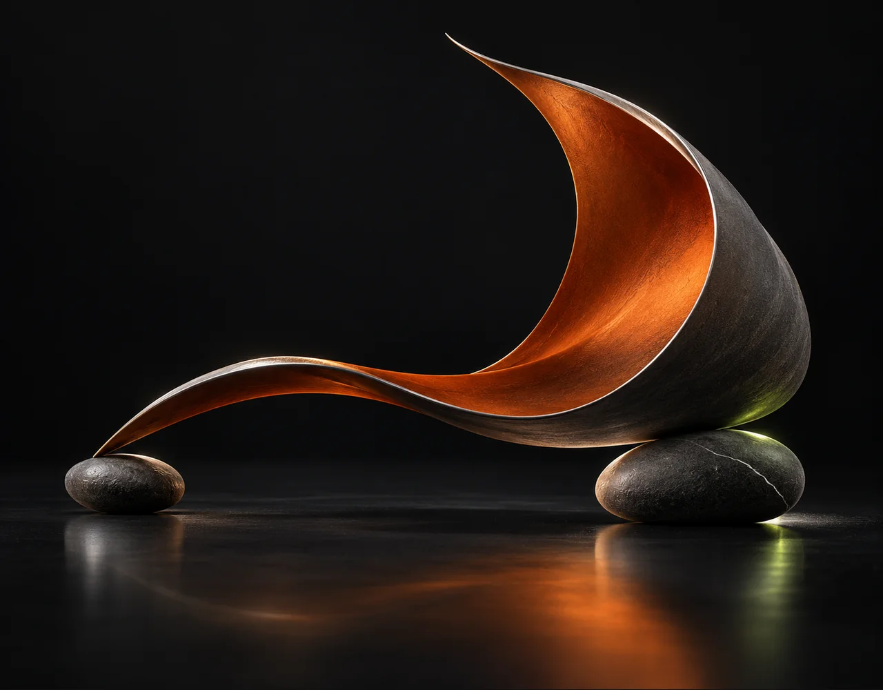 P-Video 2 editorial cover: a flowing sail following one continuous elegant motion curve, balanced over two low contrasting pebbles