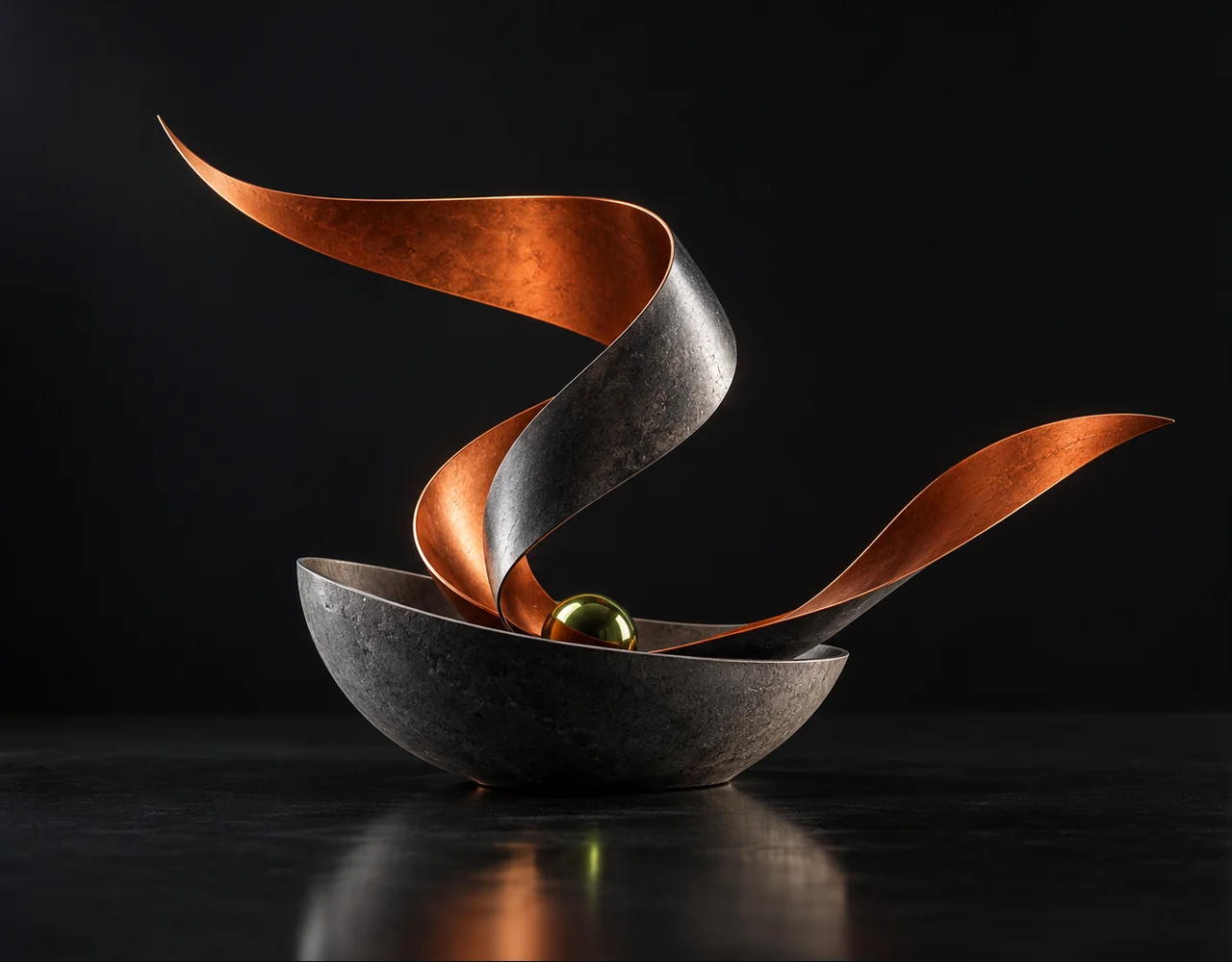 P-Video editorial cover: a folded cinematic ribbon following one continuous elegant motion curve, arising from a low geometric vessel