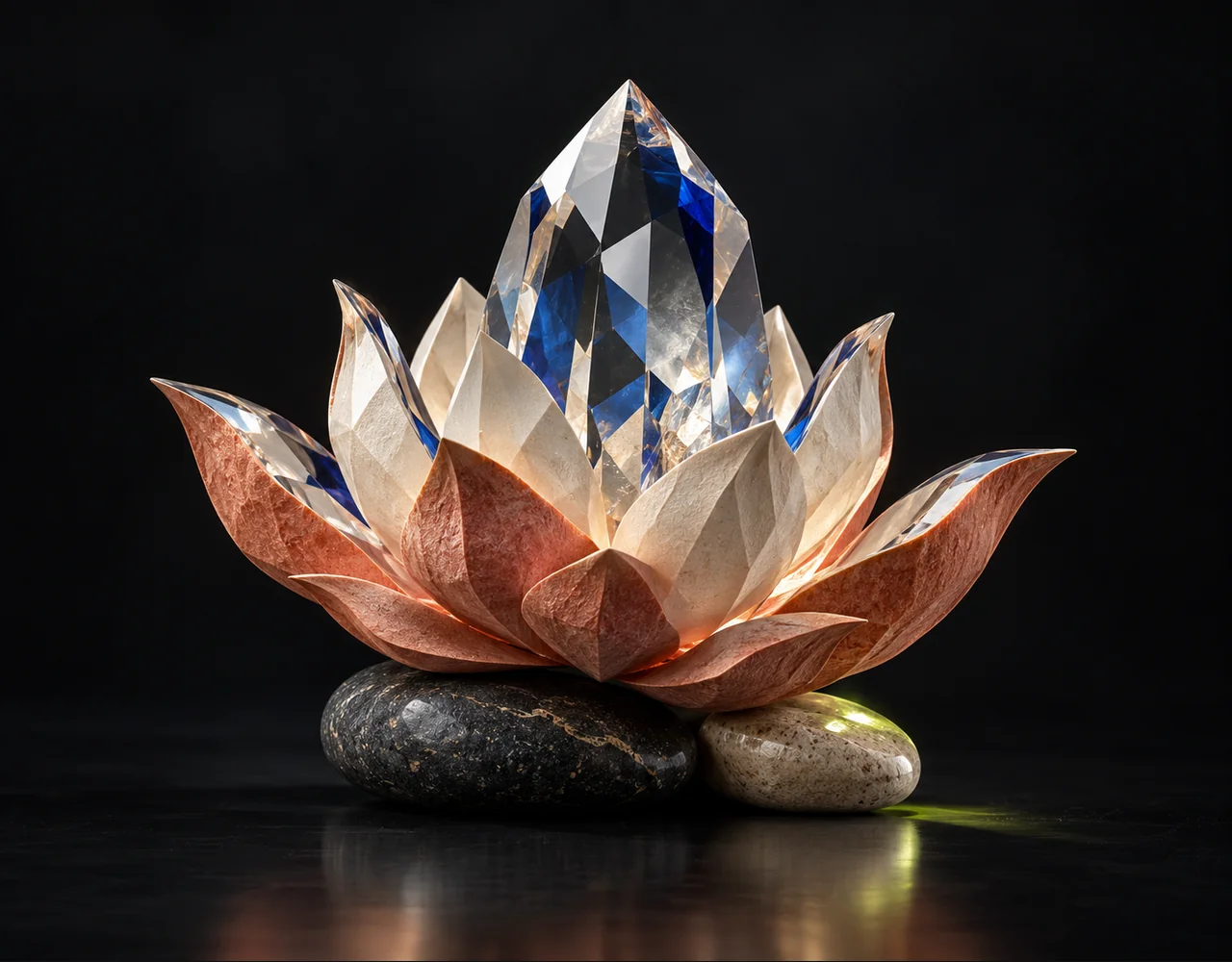 Recraft Creative Upscale editorial cover: a finely faceted crystal whose coarse base becomes a crisp detailed folded lotus, balanced over two low contrasting pebbles