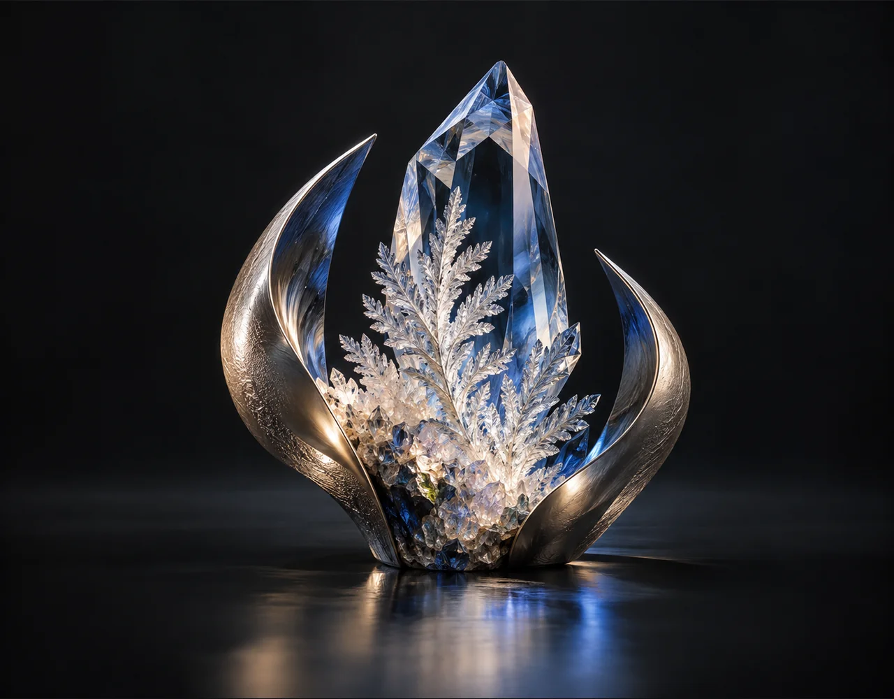 Recraft Crisp Upscale editorial cover: a finely faceted crystal whose coarse base becomes a crisp detailed crystalline fern, embraced by two quiet curved metallic fins