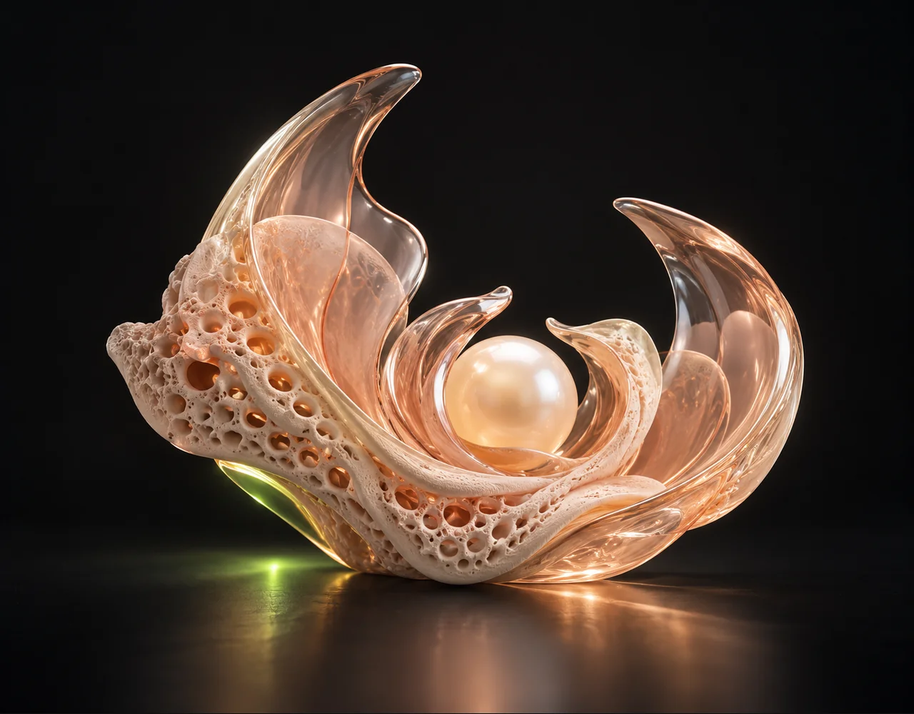 Sonilo 1 editorial cover: a glass resonance vessel, curving around a small pearl core