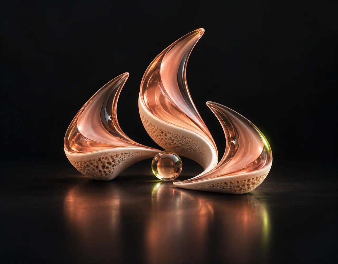 Sonilo Text To Music editorial cover: a three curved tuning fins with a flowing rhythmic glass contour, centred beside one small optical droplet
