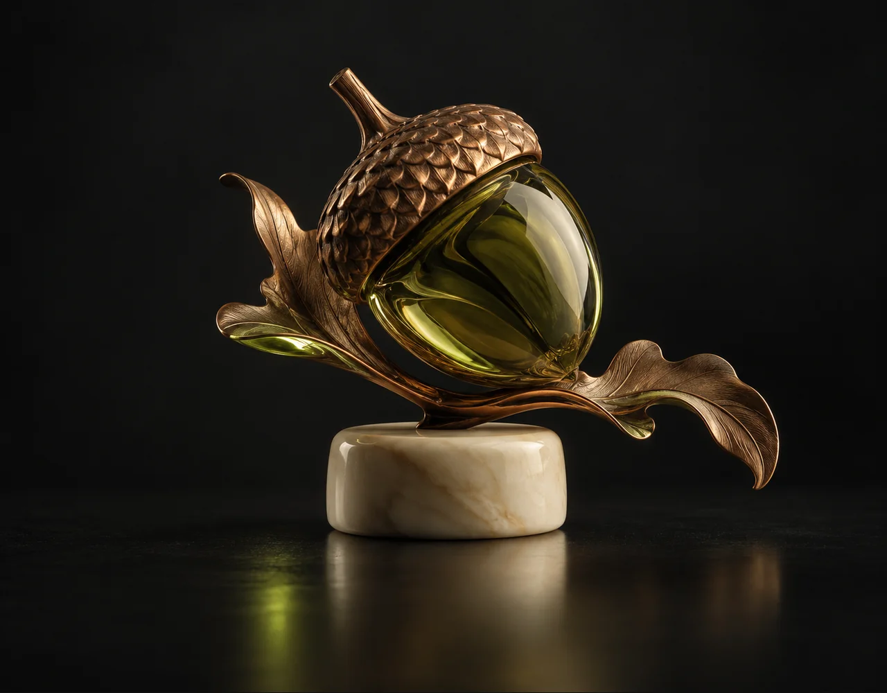 Riverflow 2 Fast editorial cover: a tactile sculptural acorn, balanced on a small contrasting ceramic plinth